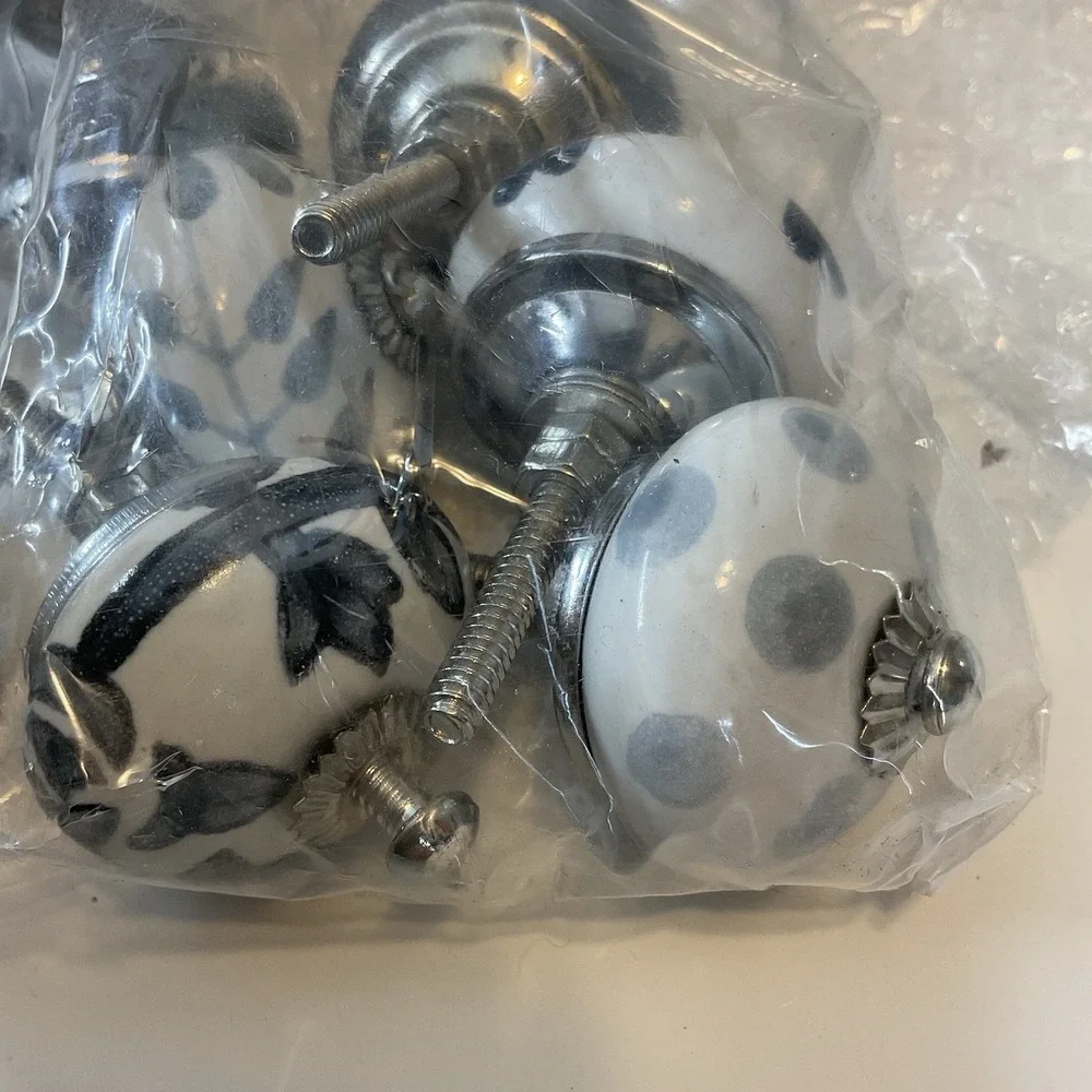 Vintage Porcelain Ceramic White Blue Pattern Drawer Cabinet Knobs Pulls Set Of 8